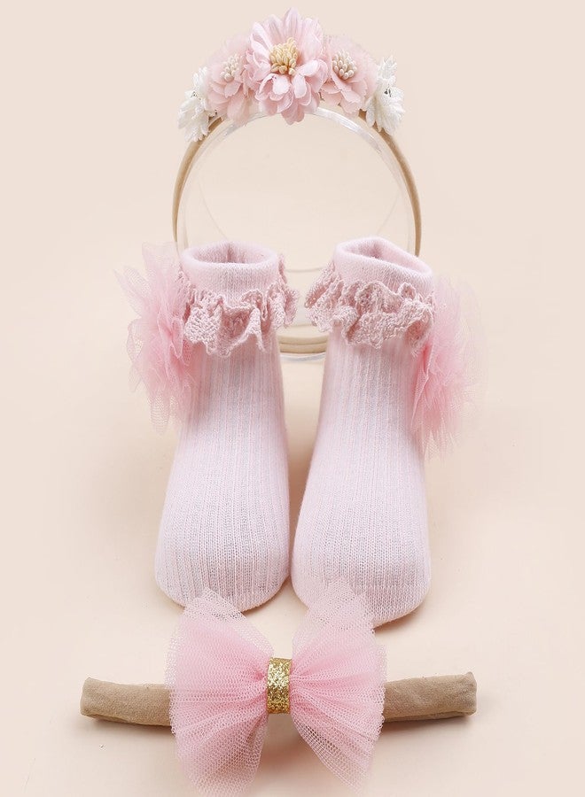 mligril Baby Girls Headband & Socks Set, Cute Non Slip Cotton Socks with Flower Hair Bows Bowknot Style Baby Accessories Gifts for Newborn Infant Toddler - Image 2